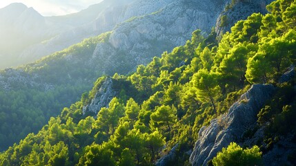 A pine-covered mountain slope at midday with crisp green tones and bright rock faces 
