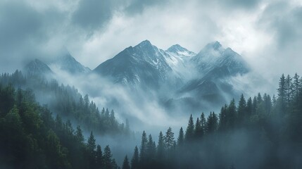 Misty mountain landscape with dense fir forest in retro tones