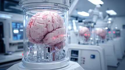 A conceptual brain upgrade preserved within a sterile, high-tech laboratory containment unit.
