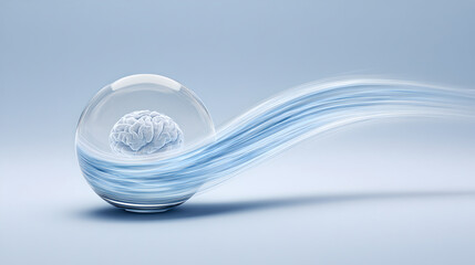 A brain preserved in a glass sphere with flowing abstract light streaks.
