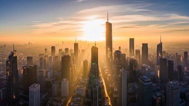 Aerial View of a Modern City Skyline at Sunrise with Golden Light