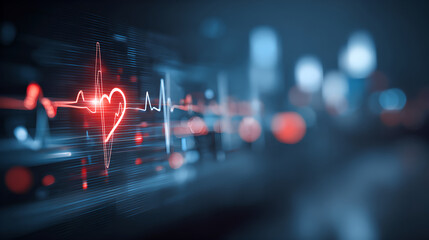 A glowing red heartbeat monitor displays a rhythm against a blurry background.