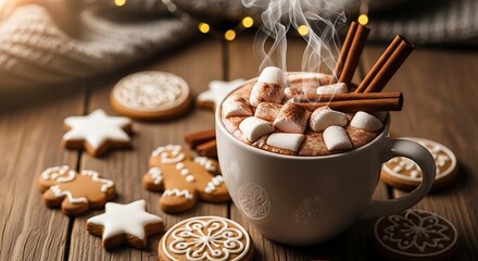 Steaming Hot Chocolate with Marshmallows and Festive Gingerbread Cookies on Wood Table