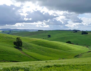 Rolling hills, lush green grass, under dramatic, cloudy skies