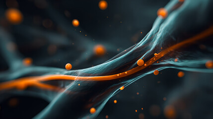 A dark, microscopic view of a nerve fiber carrying orange energy particles.

