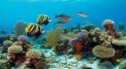 Naklejka premium Colorful Reef Fish Swimming Over Vibrant Coral Reef Underwater