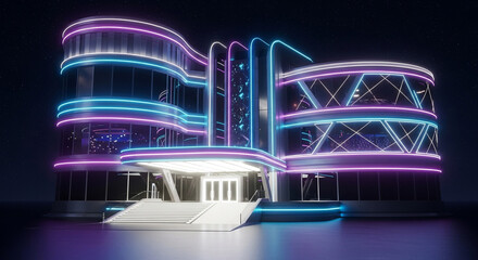 Futuristic neon lit building in the dark space with stars in the background, a modern architectural marvel with vibrant lighting and sleek design