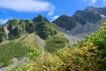 北アルプス、涸沢から望む、岩稜が続く前穂高岳と北尾根