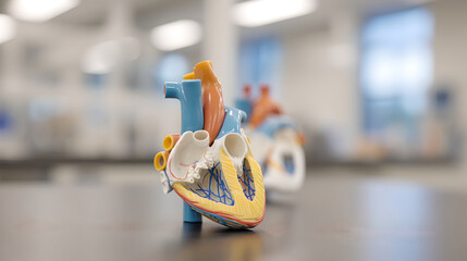 An anatomical cross section model of a human heart on a table.
