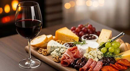 Red Wine Glass and Cheese Board Arrangement with Fireplace Ambiance