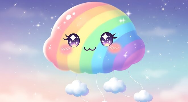 Cute Rainbow Cloud Character with Big Eyes Floating in Starry Sky Graphic