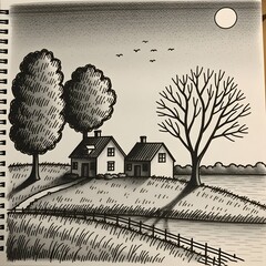 Sketch of two houses under a full moon at night
