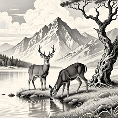 Deer drinking water by a lake with mountains and tree
