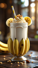 Creamy banana milkshake with nuts and banana slices