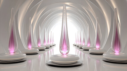 A futuristic white hallway displays glowing pink technological or cosmetic products.
