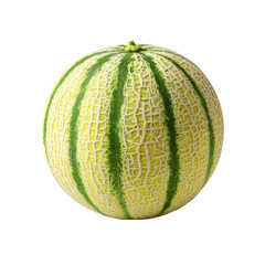 Melon's natural charm: A single, perfectly ripe cantaloupe melon. Its textured skin and vibrant green stripes create an eye-catching display. A refreshing and healthy summer fruit.