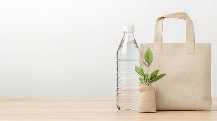 Eco-friendly action close-up of reusable water bottle and tote bag in minimalist environment