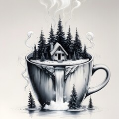 Miniature forest with cabin and waterfall inside a coffee cup
