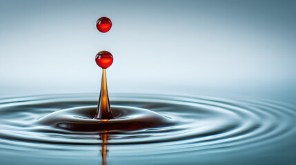 A high-speed photo captures red drops creating ripples in a clear liquid
