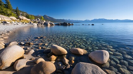 A rocky mountain lake at midday with cobalt shadows and bright granite shores 

