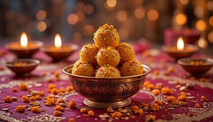 Traditional indian sweet laddu in a decorative bowl with diyas