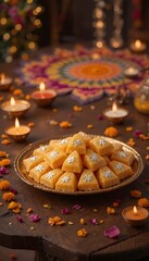Plate of triangular indian sweets with diyas and flower petals
