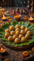 Traditional indian sweets served on a banana leaf with diyas