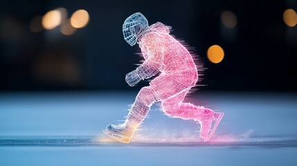 Neon glow dynamic abstract hockey player passing the puck in action perspective