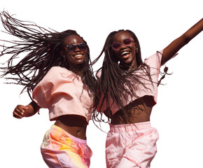 Joyful Twin Sisters in Motion: Two radiant twin sisters embrace the boundless energy of the moment, dancing and laughing with arms wide open, embodying freedom, and vibrant youth.