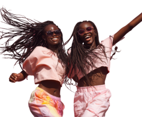 Joyful Twin Sisters in Motion: Two radiant twin sisters embrace the boundless energy of the moment, dancing and laughing with arms wide open, embodying freedom, and vibrant youth.