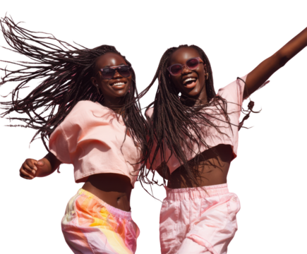 Joyful Twin Sisters in Motion: Two radiant twin sisters embrace the boundless energy of the moment, dancing and laughing with arms wide open, embodying freedom, and vibrant youth.