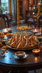 Plate of samosas with tea and diyas for diwali celebration