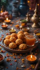 Sweets and tea served with diyas during indian festival
