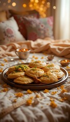 Festive platter of indian sweets with candles and decorations