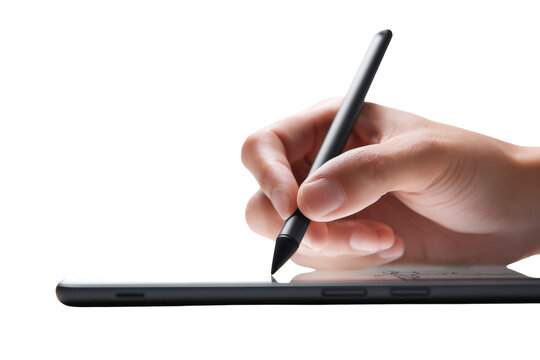 Digital Scribble: A hand delicately wields a sleek stylus, tracing a path across the screen of a digital tablet, with a blend of technology and creative expression.