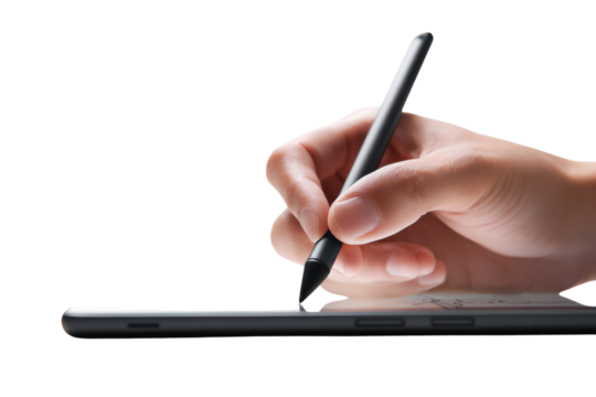 Digital Scribble: A hand delicately wields a sleek stylus, tracing a path across the screen of a digital tablet, with a blend of technology and creative expression.