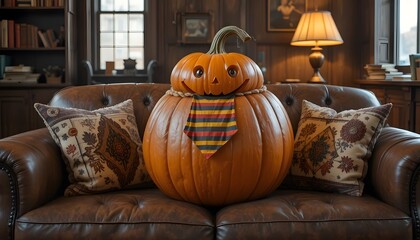 Halloween pumpkin character sitting on a leather couch