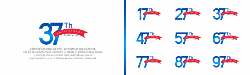 set of anniversary logo style red ribbon. vector design blue color for celebration