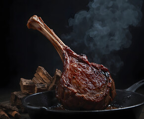 Juicy tomahawk steak cooking in a cast iron pan with smoke