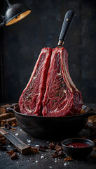 Raw tomahawk steak seasoned with salt and pepper in a bowl
