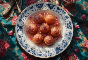Indian dessert gulab jamun served in a decorative plate with rose petals