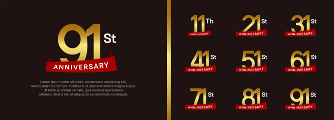 Naklejka premium set of anniversary logo style red ribbon. vector design golden color for celebration