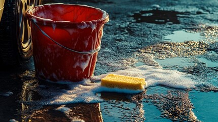 A bucket filled with soapy water and a sponge resting on the edge, placed next to a partially foamed car tire, sunlight reflecting on wet pavement.