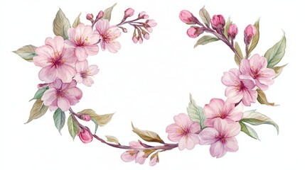 Obraz premium 5.A round watercolor frame of blooming cherry tree branches, with vibrant pink sakura flowers and soft green leaves, hand-drawn in fine detail on a crisp white background, evoking a serene and