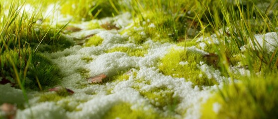 First glimpse of green: snowy veil lifts for spring's arrival. Edgy editorial. Vivid grass and receding snow: nature's transition stage from fall to spring. Abstract beauty. Strange beauty.