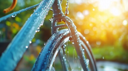 Close-up of water droplets on a freshly cleaned bicycle frame, with sunlight reflecting off the glossy surface, blurred garden background.