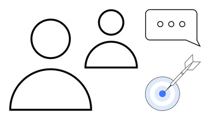 Two outlined user figures, a chat bubble with dots, and a target with an arrow. Ideal for teamwork, communication, goal-setting, planning, strategy, leadership and business processes in a simple