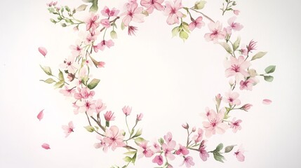6.Watercolor sakura wreath featuring a circle of gently cascading cherry blossoms in various shades of pink, surrounded by green foliage, creating a tranquil and elegant floral design on a clean