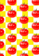Vibrant tomato pattern on yellow checkerboard background. Retro pop art food design perfect for kitchen decor, packaging, and modern illustrations.
