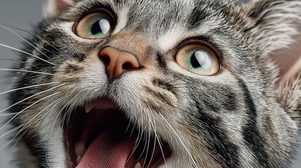 Close-up of a shocked, surprised, or meowing tabby cat with its mouth wide open.